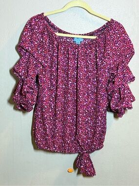 Womens CeCe Pink Heart Print Ruffle Sleeve Tie-Hem Top Sz Sm